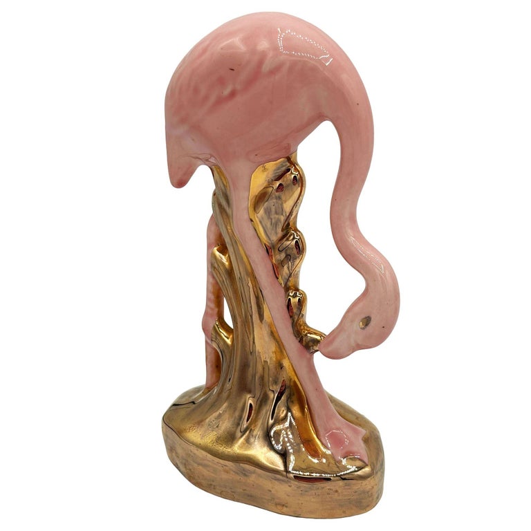Mid-century California Pottery Ceramic Pink & Gold Flamingo Figurine