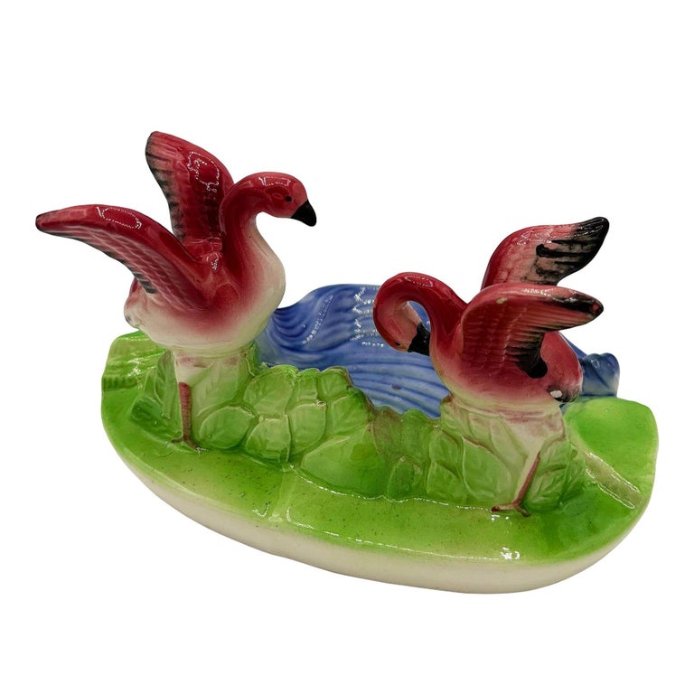 Mid-century Hand Painted Pink Flamingo couple in Pound Ceramic Scenic Sculpture
