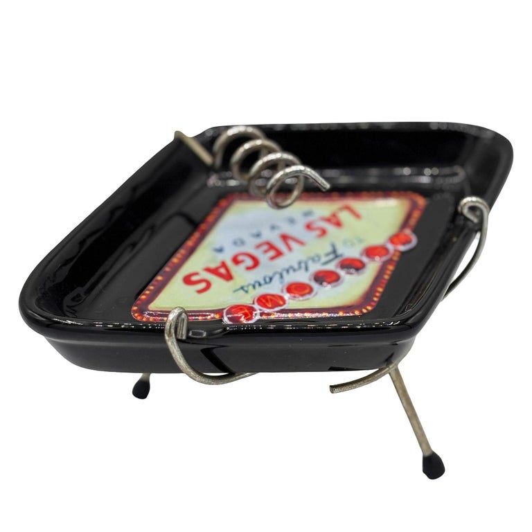 Retro Mid-century Style Black Ceramic Ashtray With Las Vegas Sign & Stand