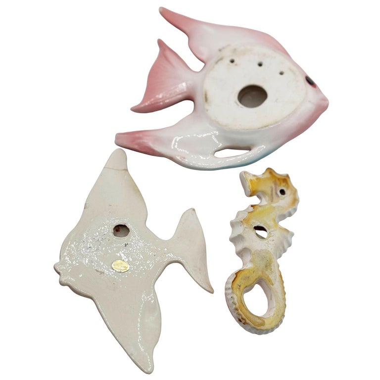 MCM Ceramic Angel Fish & Seahorse 3 Piece Wall Sculpture Set by Freeman Mcfarlin