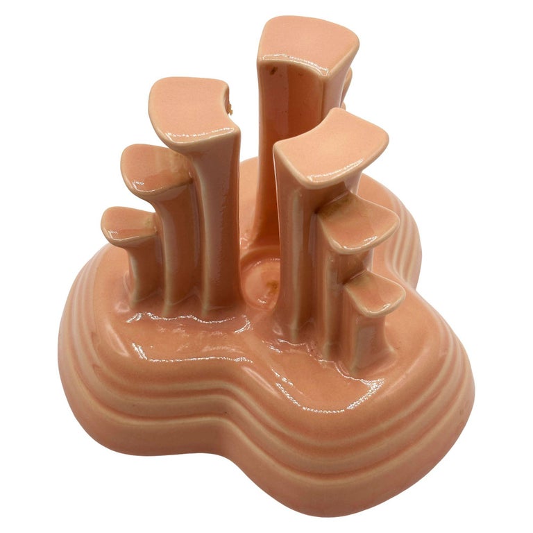 Art Deco Apricot Peach Tripod Pyramid Candleholder by Fiesta Ware, Pair