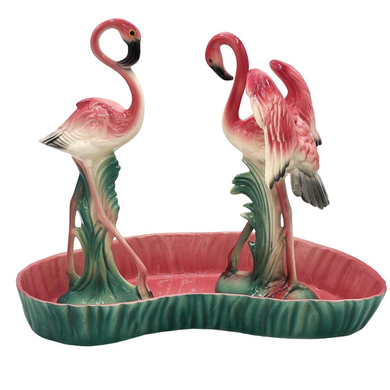 Mid-century Ceramic Flamingo Figurine Set in Tropical Pond Tray by Maddux