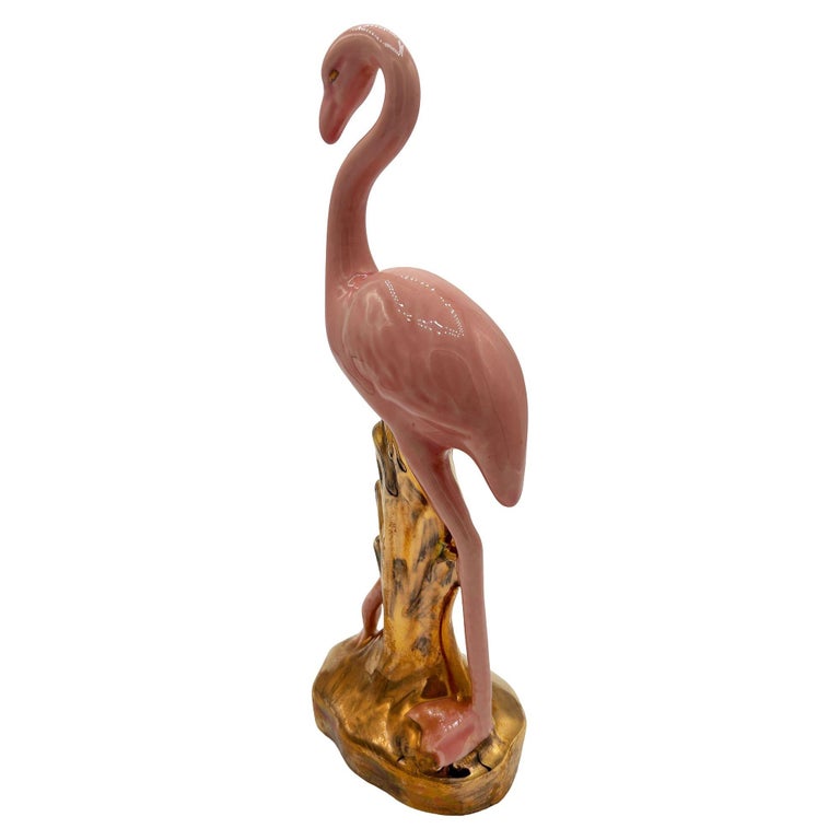 Mid-century Ceramic Fancy Bird Pink & Gold Flamingo Tabletop Statue