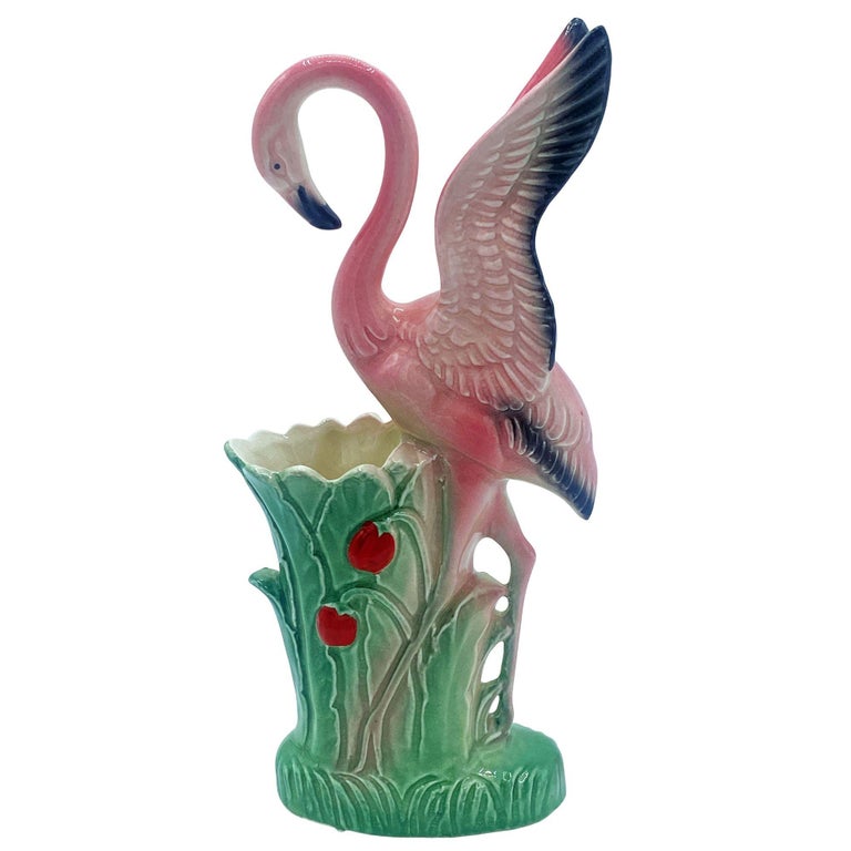 Mid-century "Lovers" Pink Flamingo Ceramic Tabletop Vase Set By Leftons
