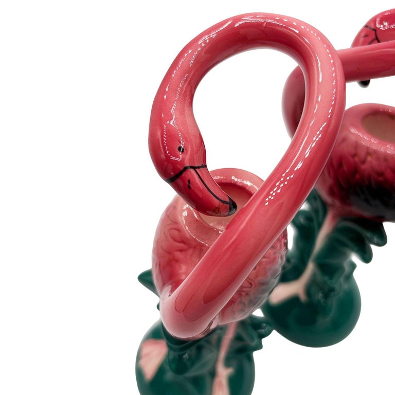 1986 Tropical Pink Flamingo Ceramic Candle Holder Pair by Five & Dime