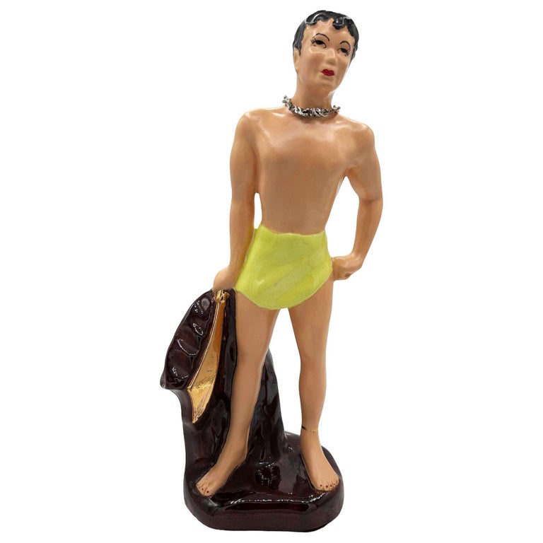 Mid-Century Hand Painted Hawaiian Hula Girl & Male Surfer Ceramic Statue Set