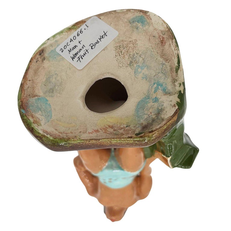 Mid-Century Hawaiian Man in Blue Trucks w/ Gold Machete Ceramic Sculpture 14"