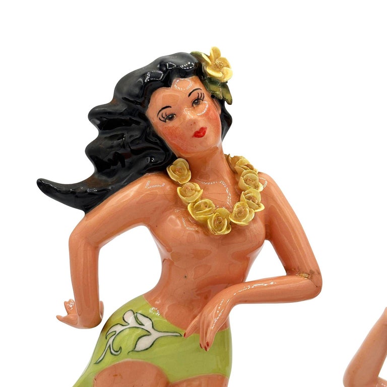 Mid-Century Hawaiian Hand Painted Hula Girl & Surfer Male Ceramic Statue, Pair