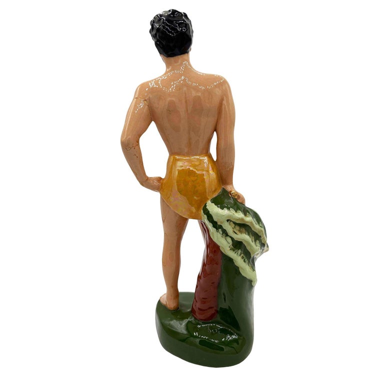 Mid-Century Hand Painted Native Surfer w/ Gold Machete Ceramic Sculpture