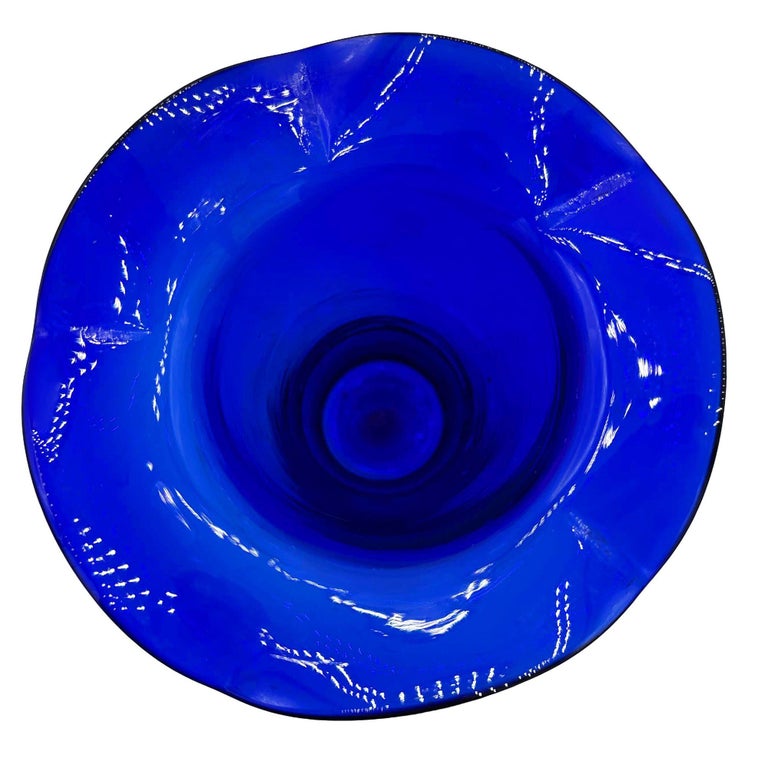 9” Tall Dark Cobalt Blue Art Glass Hand-blown Vase w/ Ruffle Top