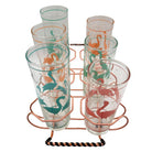 Mid-Century Pink Wire Frame Drinks Tray w/ Six Highball Flamingo Glasses