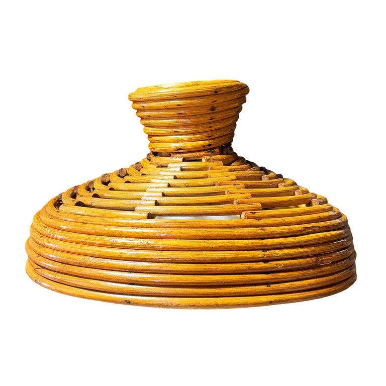 Restored Mid-century Hanging Rattan Ceiling Lamp Chandelier w/ Center Globe