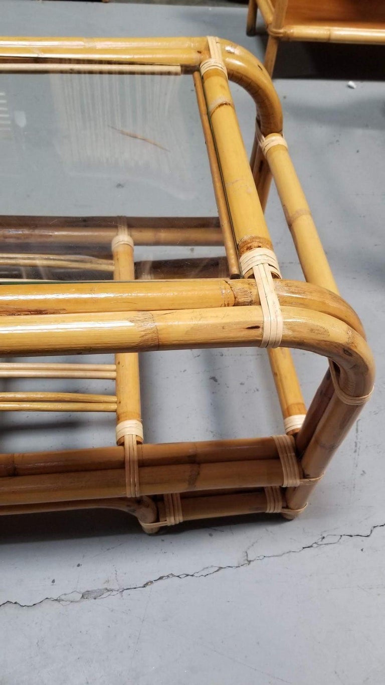 Restored 2-Tiered Rattan Coffee Table w/ Glass Top