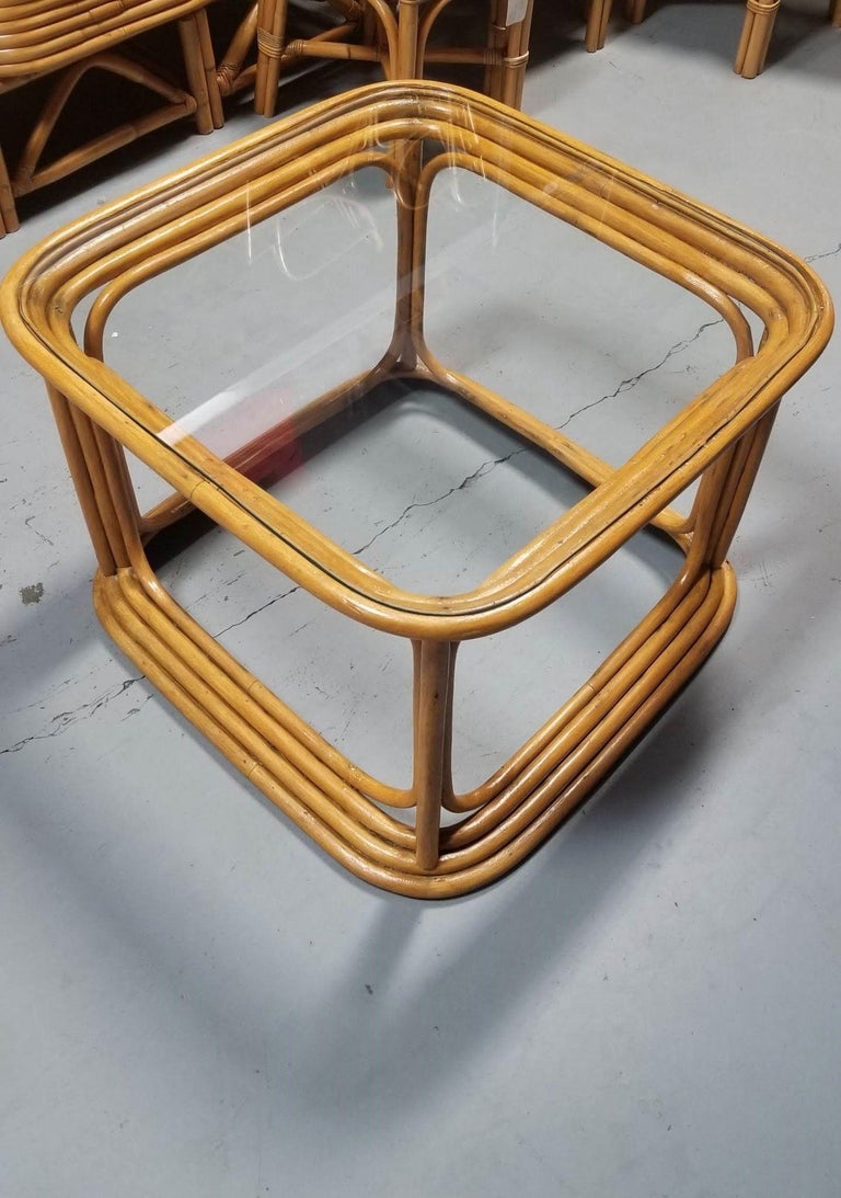 Restored Pair of 4-Strand Rattan Cubist Legs Coffee Table with Glass Tops