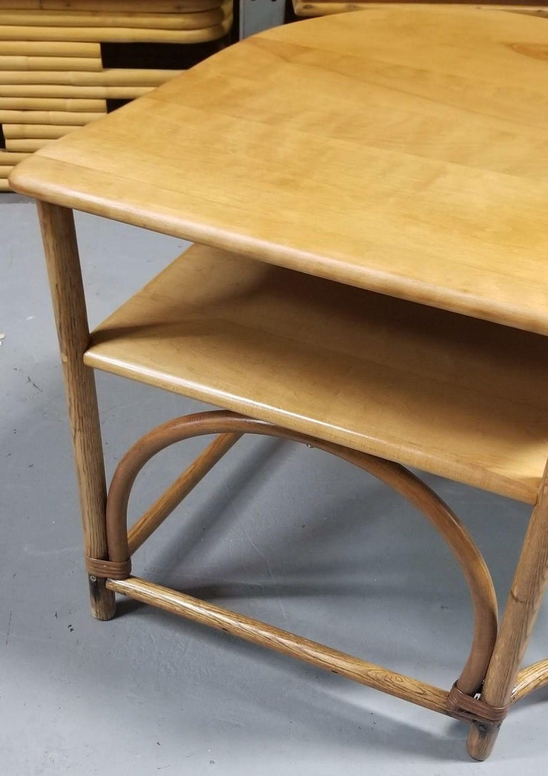 Restored Mid Century Maple and Faux Rattan Corner Table by Heywood Wakefield