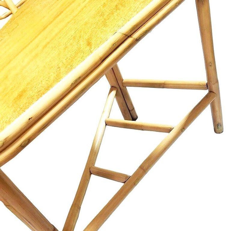 Restored MCM Rattan & Mahogany "Surfbaord" Wedge Side Table w/ Bottom Rack