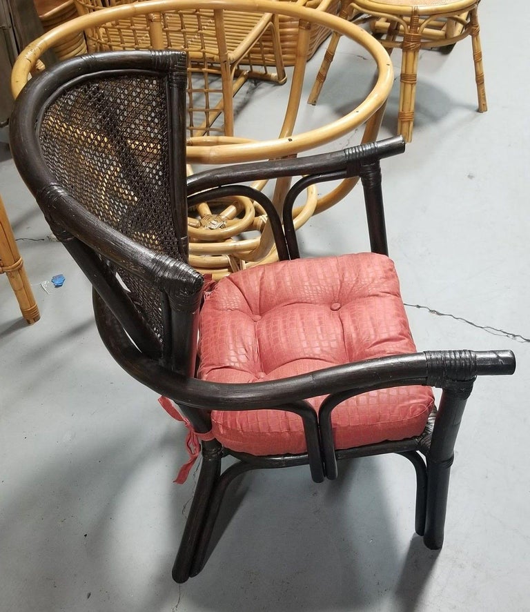 Restored Dark Wood Rattan Cane Fan Back Armchair