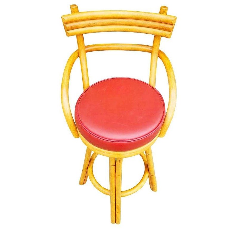 Restored Mid-century Rattan Stacked Bar Swivel Stools w/ Red Seat , Set of 4