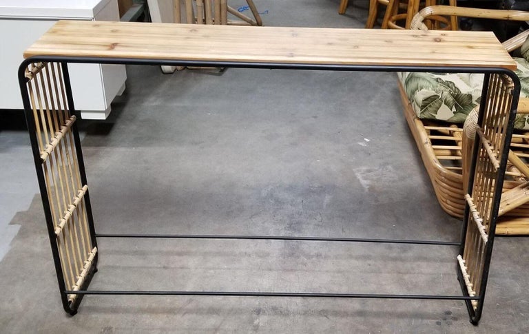 Restored Blonde Wood and Reed Rattan Waterfall Console Table