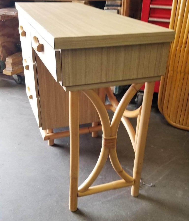 Restored Rattan and Formica Desk with Drawers and Hourglass Rattan Sides