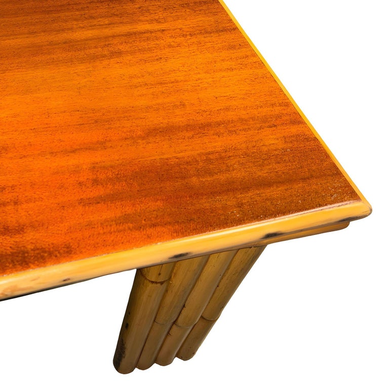Restored Rattan & Curly Mahogany Square Coffee Table w/ Stacked Rattan Legs