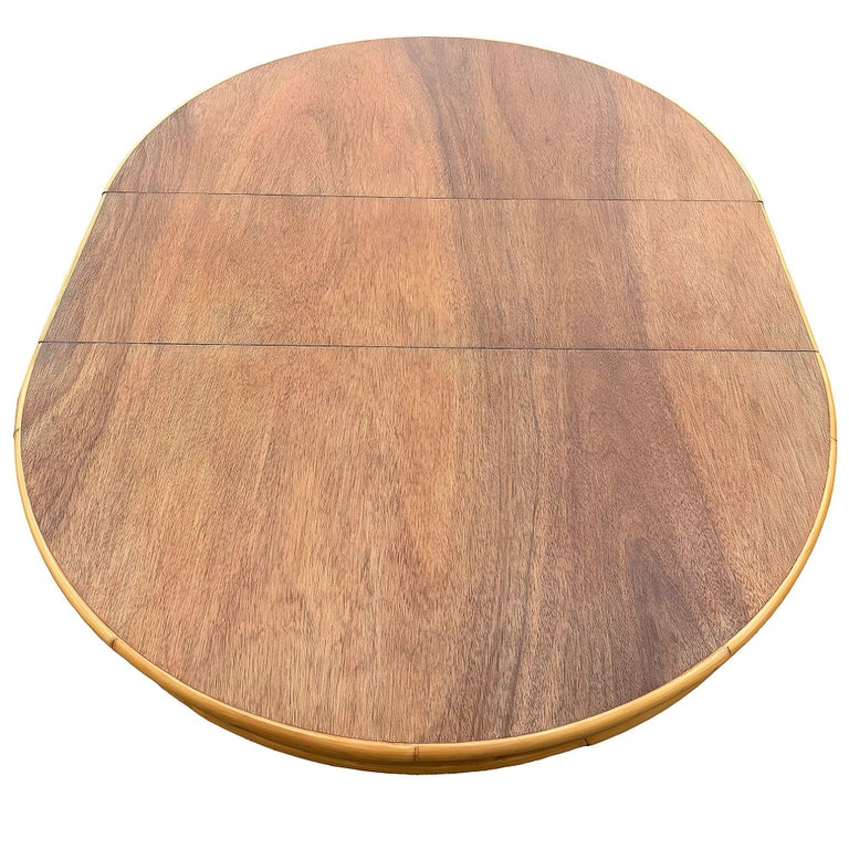 Restored Round Rattan & Mahogany Dining Table W/ Leaf