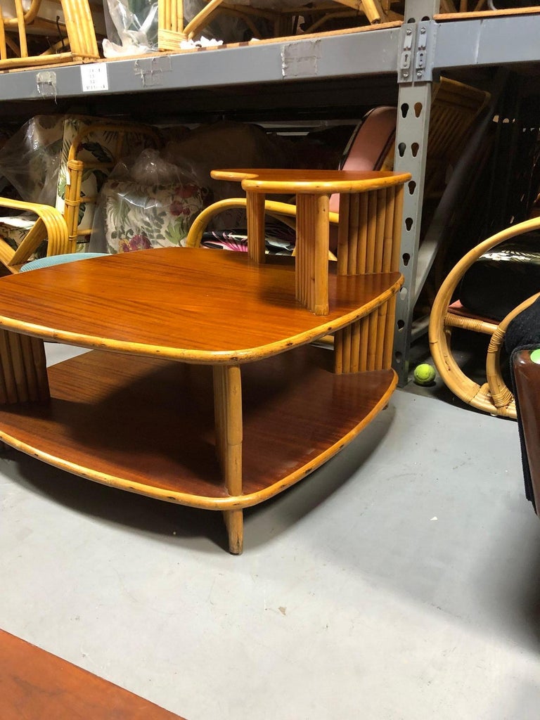 Restored Rattan 1940s Double Level Corner Table with Quatered Koa Wood Top