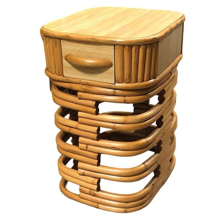 Restored Modernist Stacked Rattan Nightstand Side Table w/ Formica Top, Pair