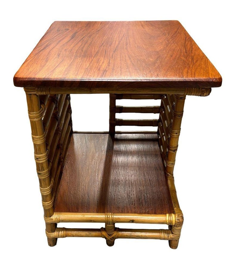 Restored Rattan "Jacob's Ladder" Storage Side Table with Mahogany Top