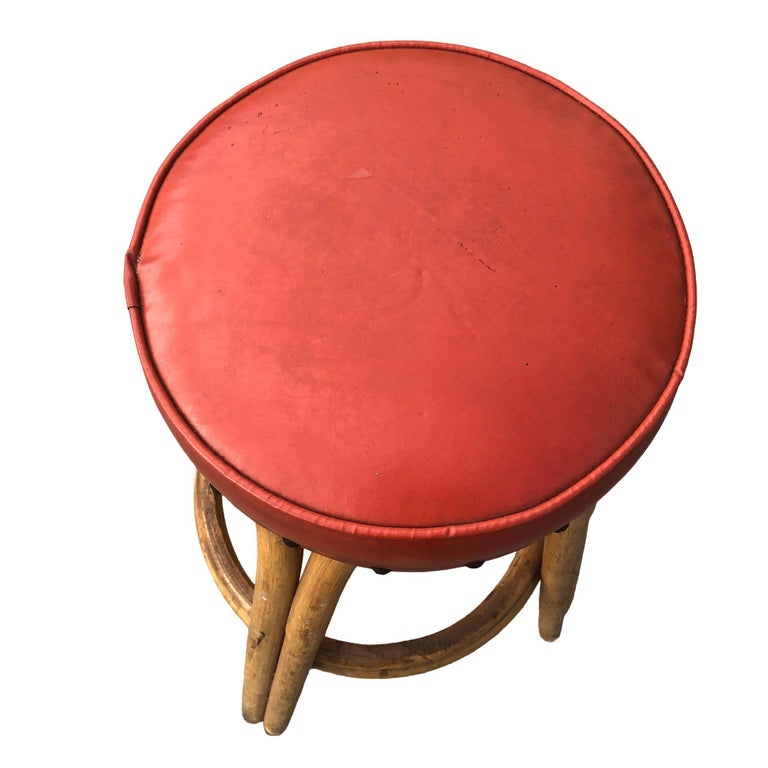 Restored arched Rattan Bar Stools w/ Studded Nailhead Red Seats, Set of 5