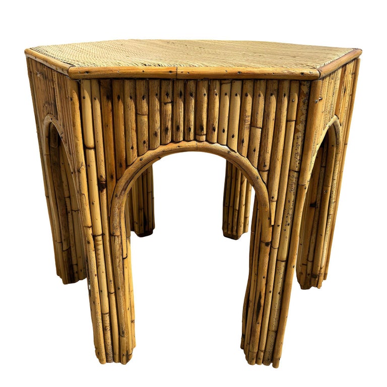 Restored Victorian Reed Stick Rattan Hexagon Arched Side Table