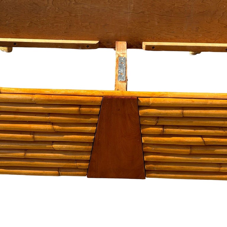 Restored Art Deco Geometric Stacked Rattan Bed and Mahogany Twin Bed Frame