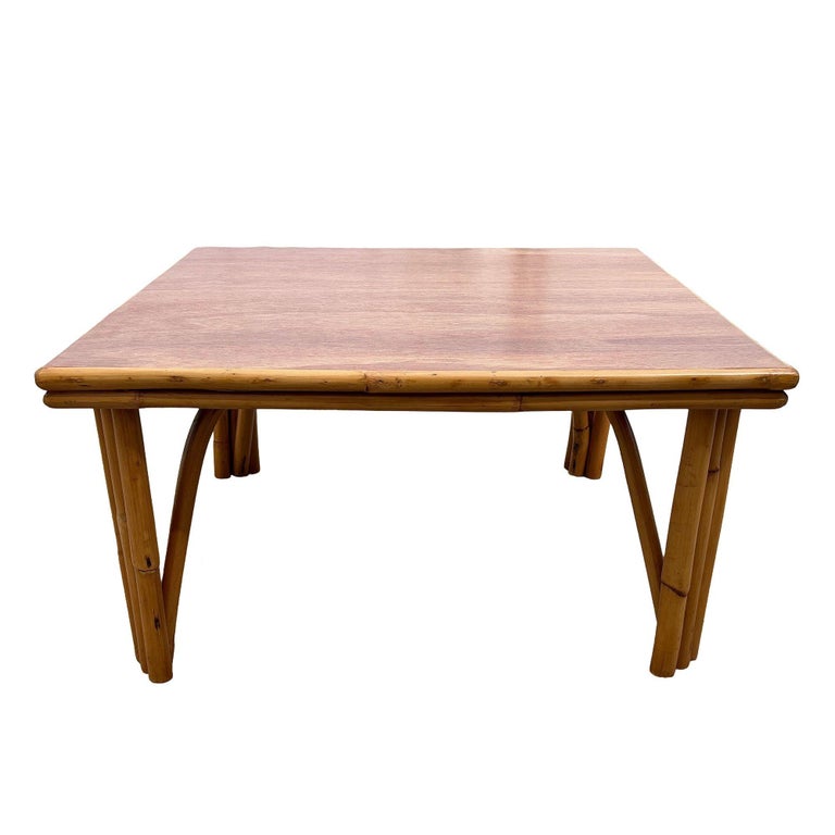 1950s Restored MCM Rattan Coffee Table with Mahogany Top and Rattan Border