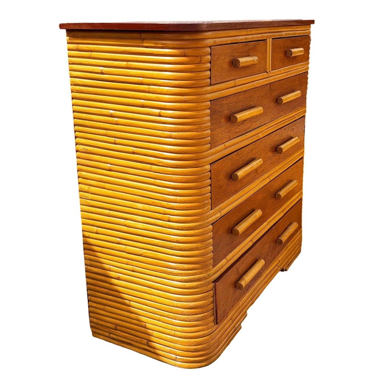 Restored Art Deco 6 Drawer Stacked Rattan Highboy Dresser w/ Mahogany Top