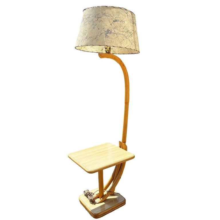 Rare Restored Two-tier Rattan Floor Lamp w/ Built-In Formica Top Side Table