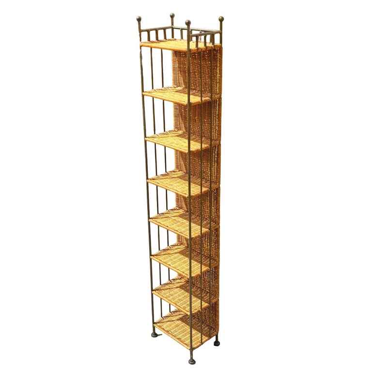 1990s Boho Wicker & Cast Iron Compact Disc CD Holder Towers, Pair