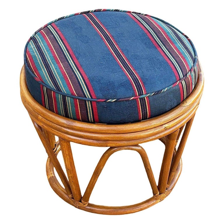 Restored Rattan Footstool with Striped Jacquard Navy Cushion