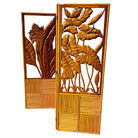 3 Panel Mid-Century Carved Koa Wood & Stacked Rattan Folding Screen