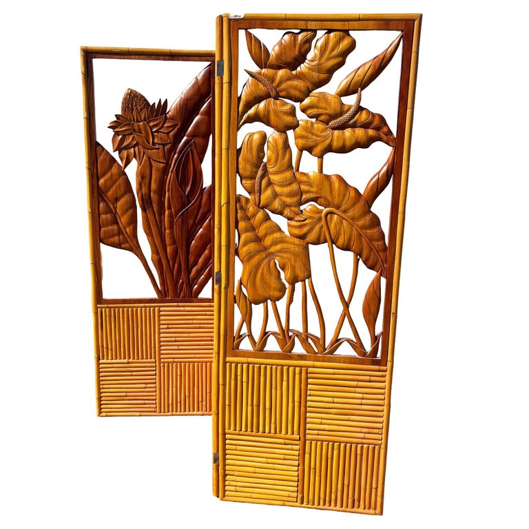 3 Panel Mid-Century Carved Koa Wood & Stacked Rattan Folding Screen
