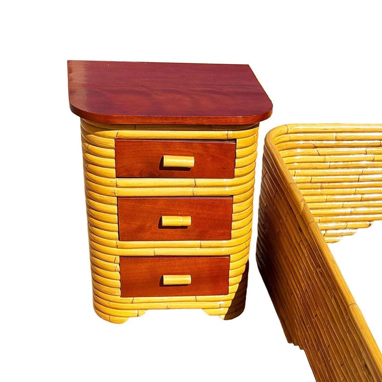 Restored Frankl Style Full Stacked Rattan Bed Frame w/ Night Stands Bedroom Set