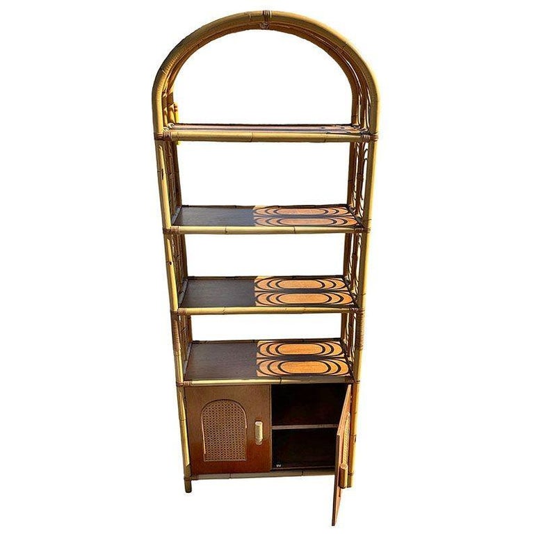 Mid-century Rattan Etagere Display Curio Cabinet w/ Mahogany Shelfs