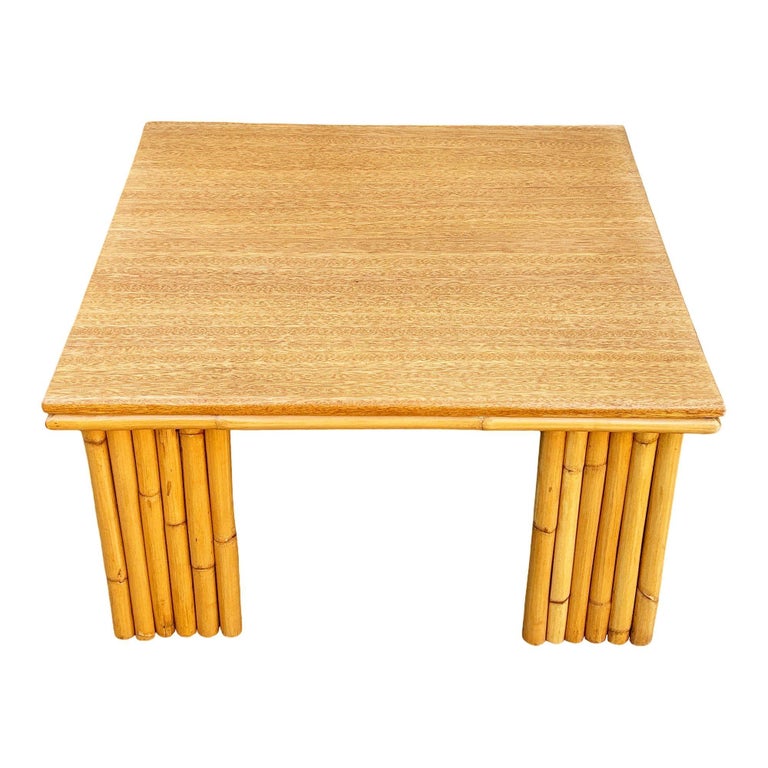 Restored Rattan & Koa Wood Square Coffee Table w/ Stacked Rattan Legs