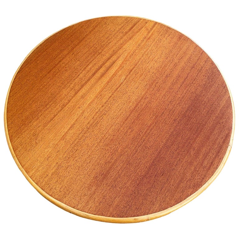 Restored Mid-century O-Base Round Costal Rattan End Table W/ Mahogany Top
