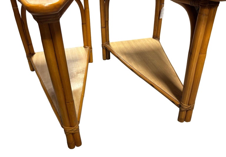Restored MCM Rattan & Formica 2-Tiered High Arch 3-Strand Wedge Side Table, Pair