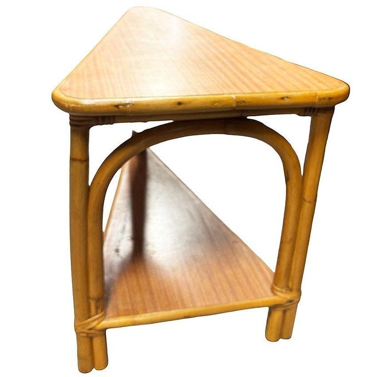 Restored MCM Rattan & Formica Skinny Arch 3-Strand Wedge Side Table w/ 2-Tiers