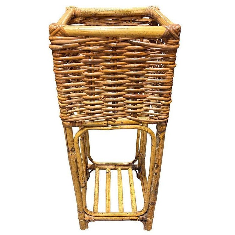 Mid Century Cubed Woven Rattan Pedestal Plant Stand