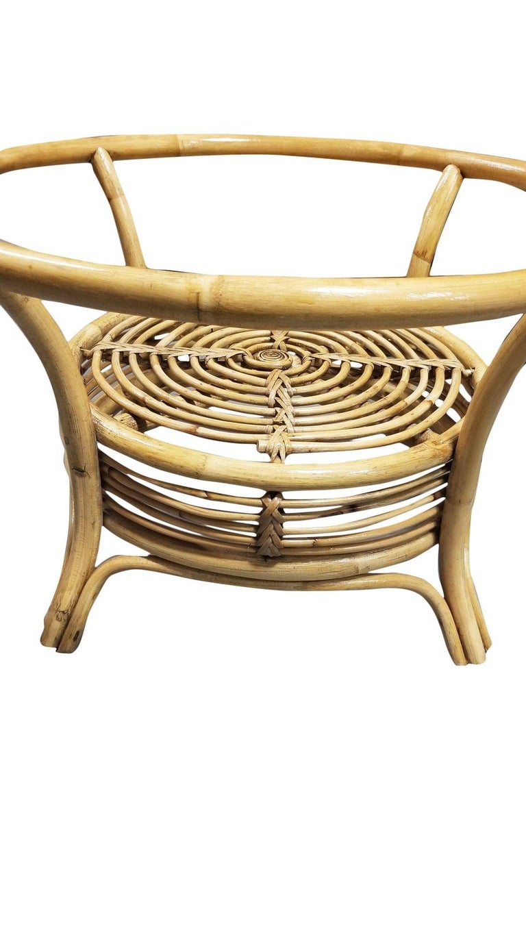 Restored Round Two-Tier Rattan Spiral Coffee Table w/ Glass Top