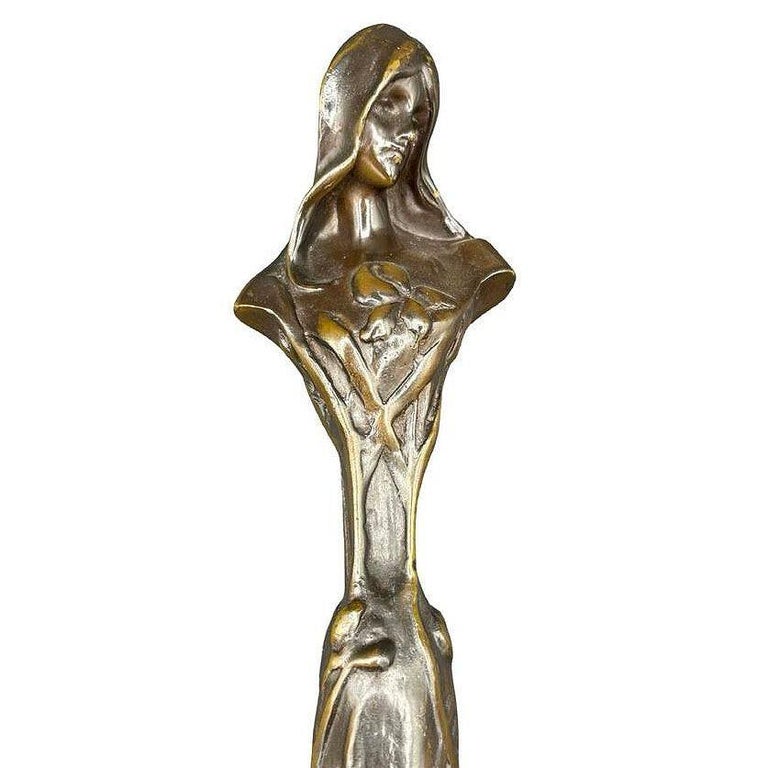 Emmanuel Villanis Style Art Nouveau French Virgin Mary Sculpture w/ Marble Base