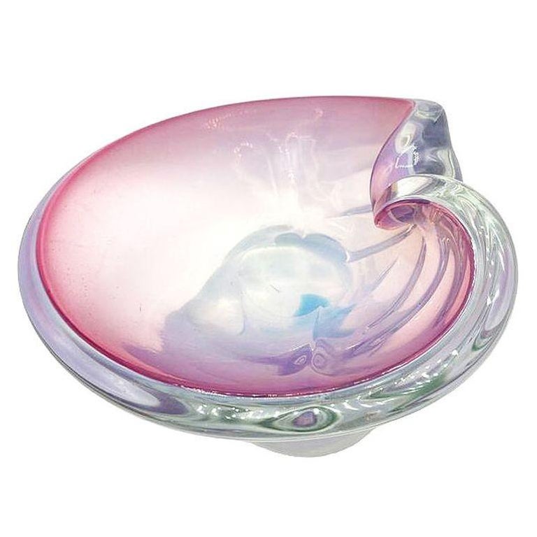 Mid-Century Murano Peacock Art Glass Pedestal Ashtray w/ Pink Pastel Swirl