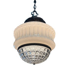 Art Deco Copper Acanthus Leaf Pendant Light w/ Crystal & Milk Glass Acorn Shade